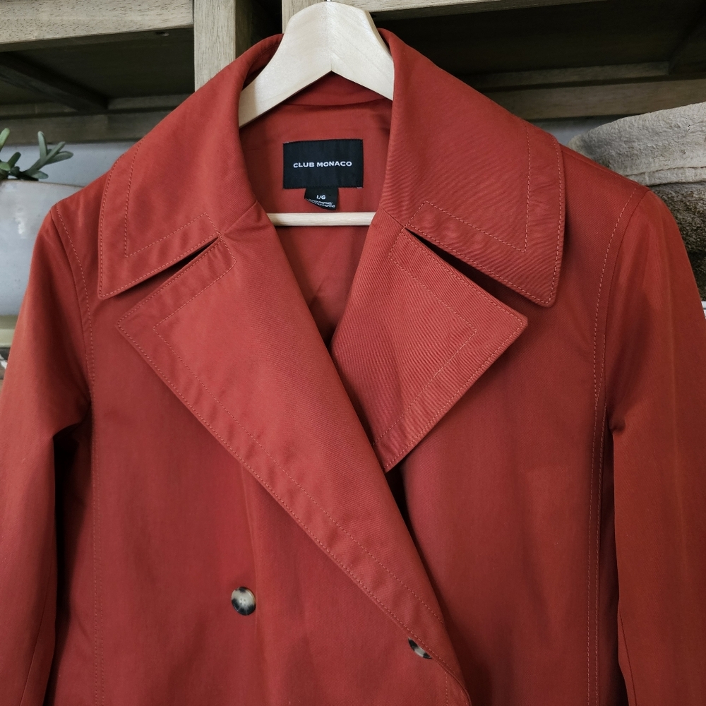 Club Monaco Ohdette Long Trench Coat Jacket Brick Red Sz L - Picture 5 of 13